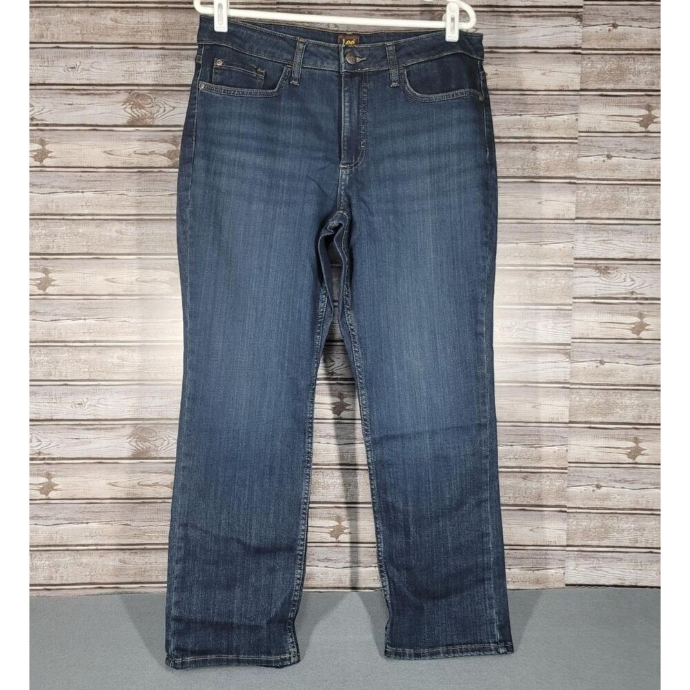 Womens Lee Jeans Size 12 Short Mid Rise Straight Dark Wash Stretch NEW